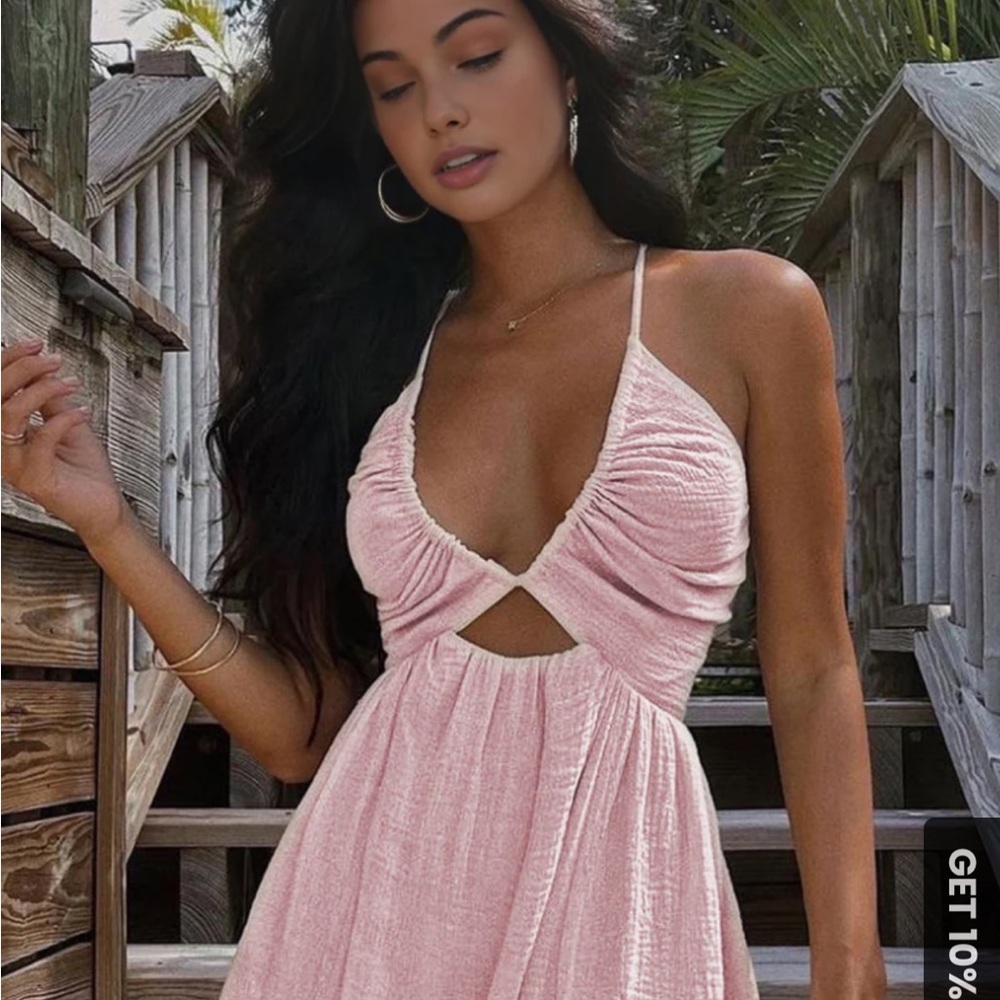 Commense Pink Backless Criss Cross Split Midi Dress